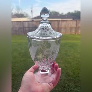 Vintage floral etched pedestal candy jar in VGUC No markings cracks chips